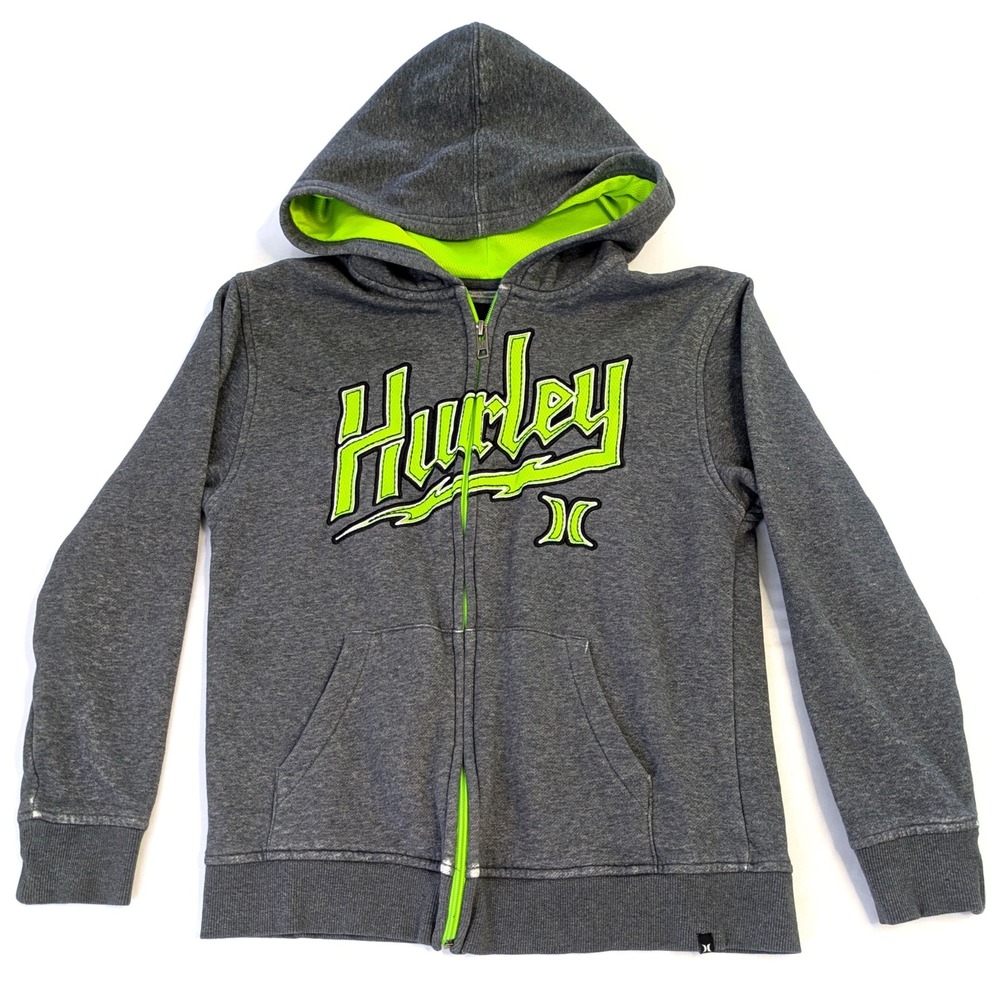Hurley Boys Full Zip Hoodie Gray Neon Green Embroidered Logo Size Medium
